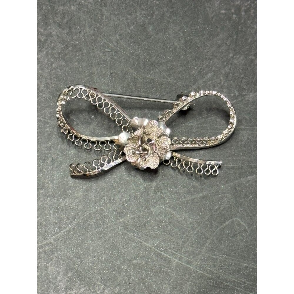 Vintage 925 Sterling Silver Star-Art Rose Filigree Bow Dress Pin Brooch New York - Picture 3 of 6